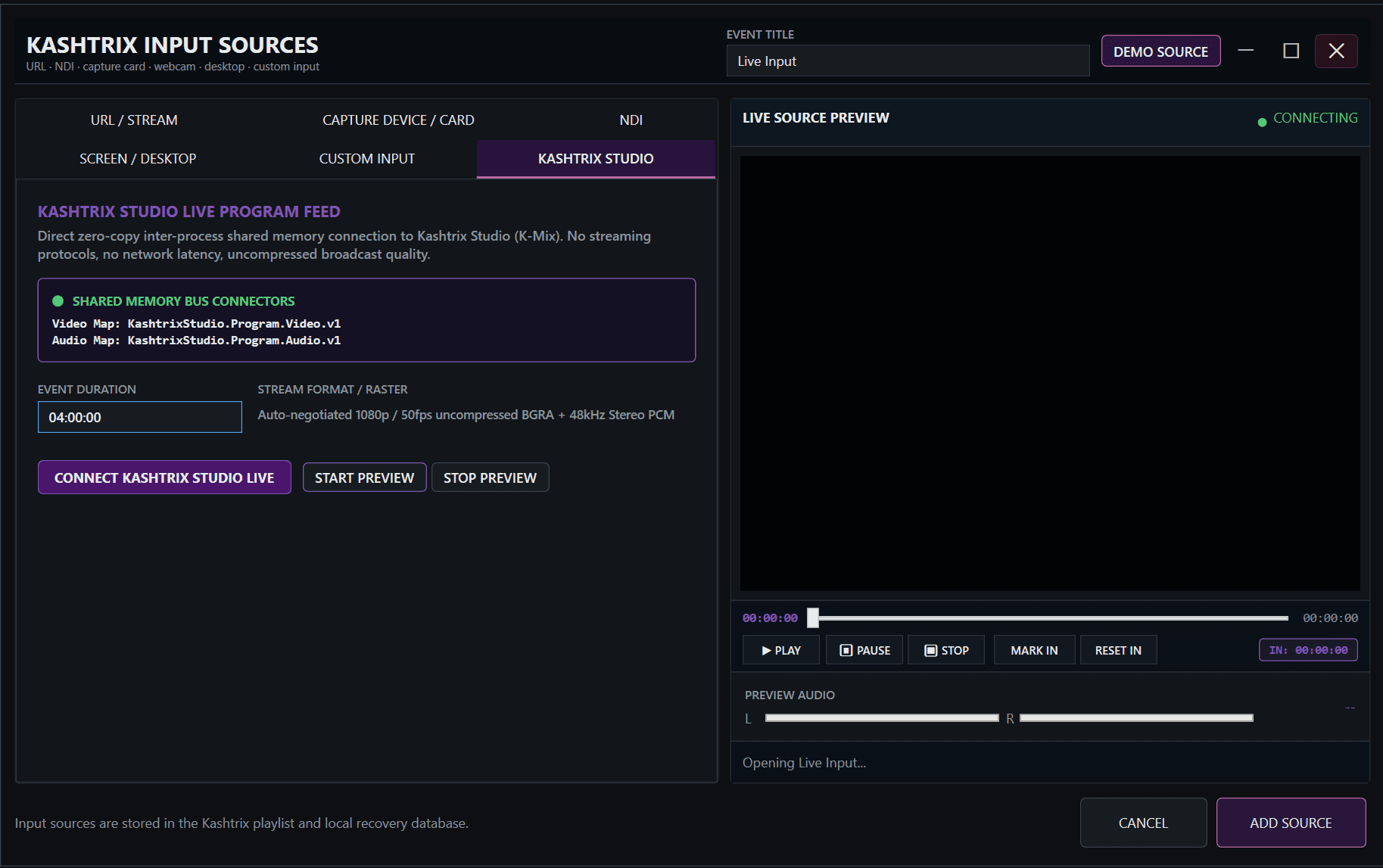 Live Video Hub & Baseband Ingest Matrix interface