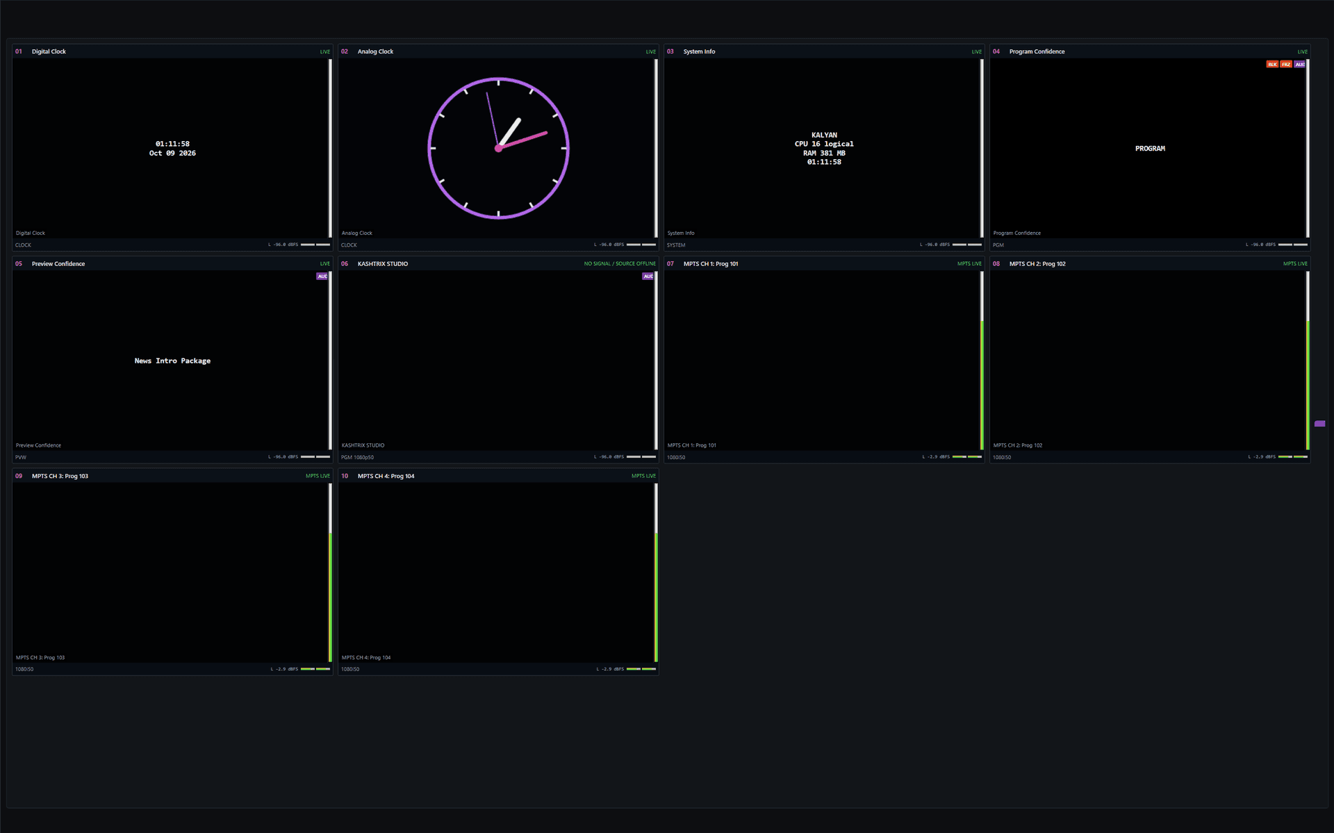 Broadcast Monitoring Wall & Tile Mosaic - SMPTE Timecode & Precision Station Master Clocks