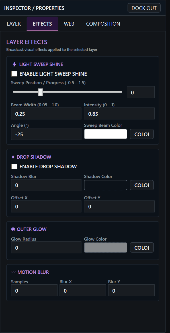 Visual Motion CG & Graphic Template Designer - Broadcast Layer Effects: Light Sweep Shine & Glow Shaders
