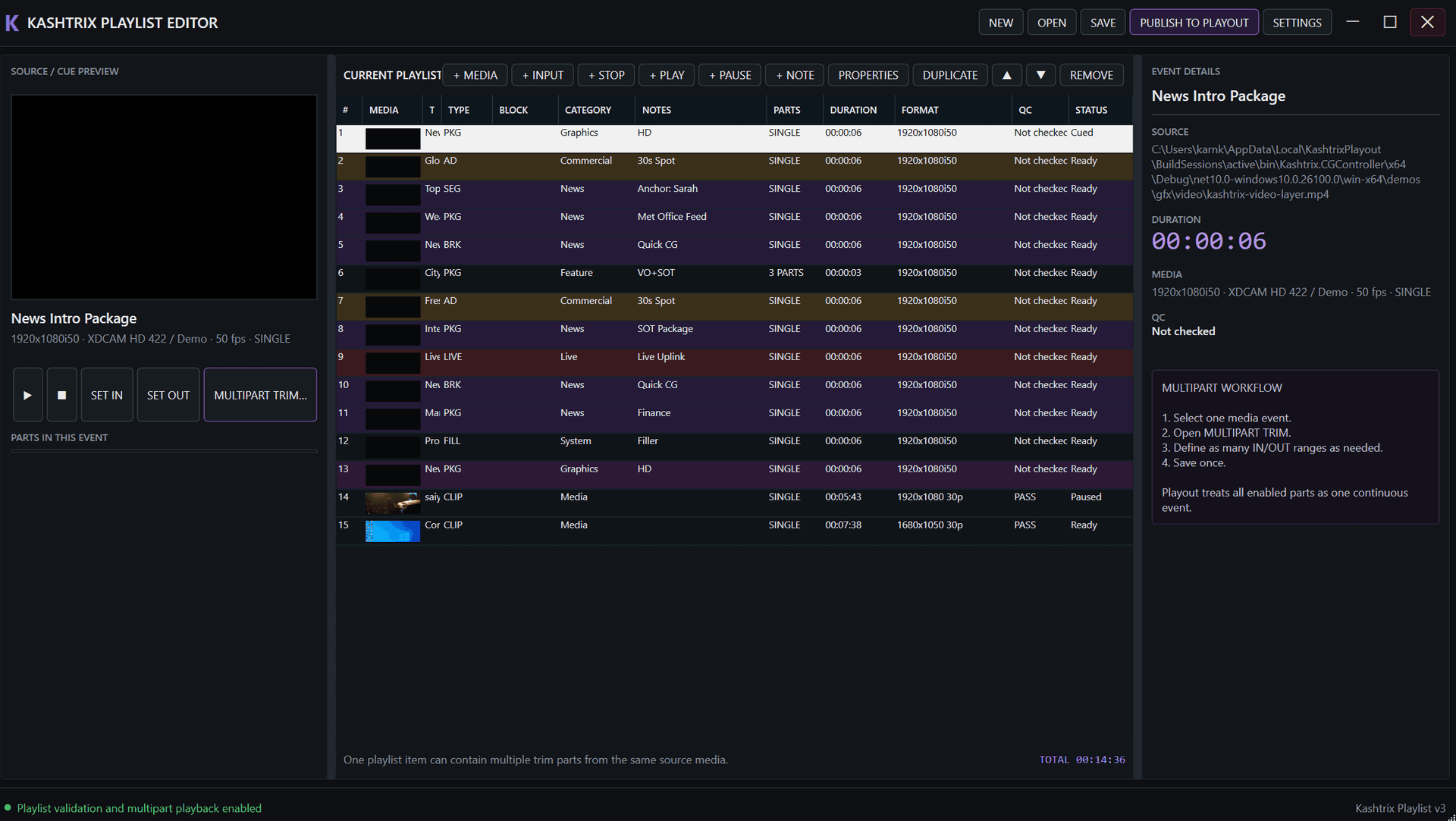 Broadcast Rundown & Playlist Management - Secondary Events & Multipart Clip Management